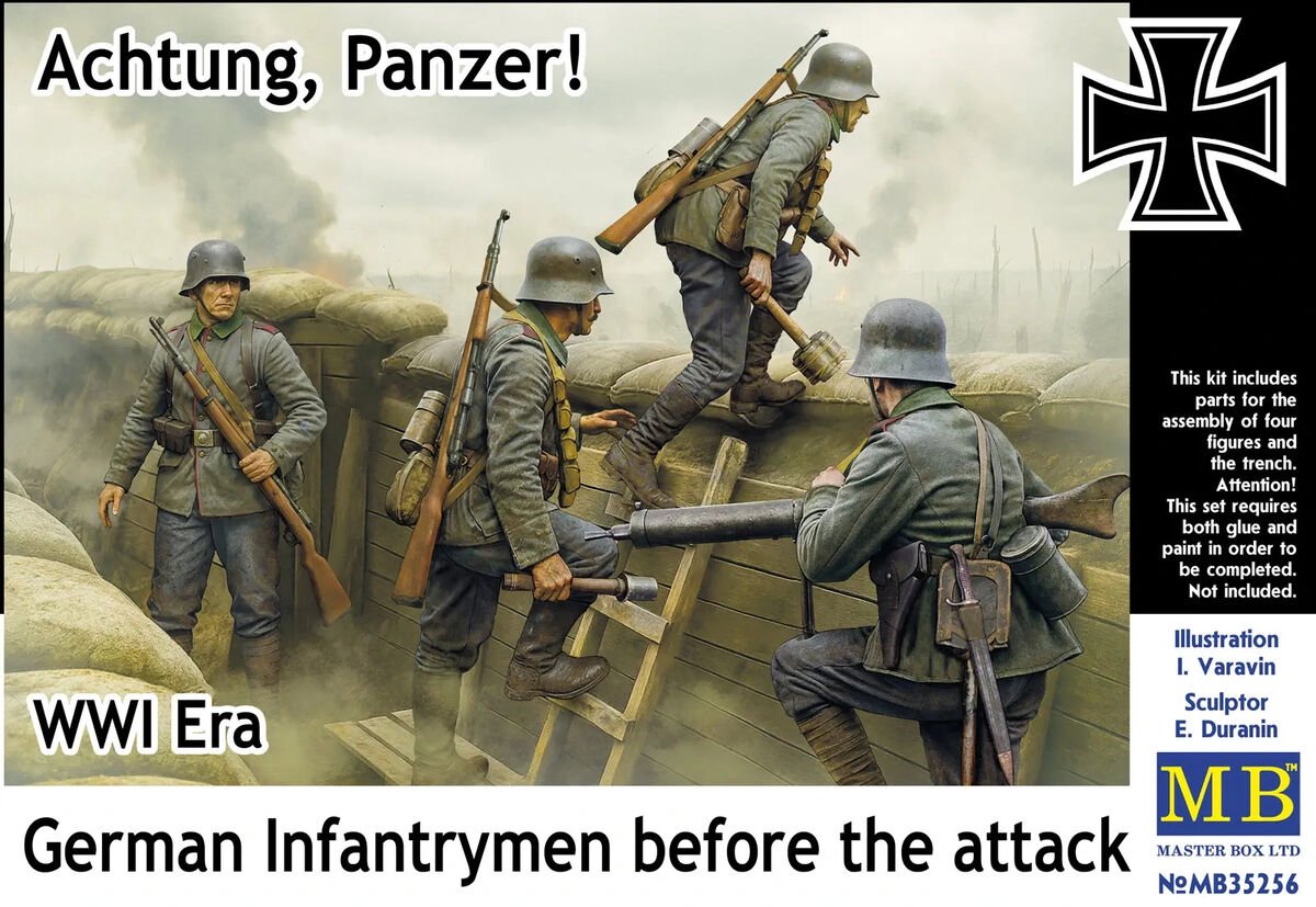 Master Box Modelbouwpakket Militaire voertuigen - 35256 Achtung Panzer! - Duitse Infanteristen voor de Aanval WWI - 4 Figuren Plastic - 1:35 - Modelbouw