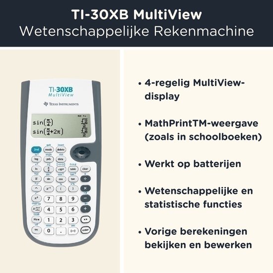 Texas Instruments TI-30XB MultiView rekenmachine met een 4-regelig display en knoppen.