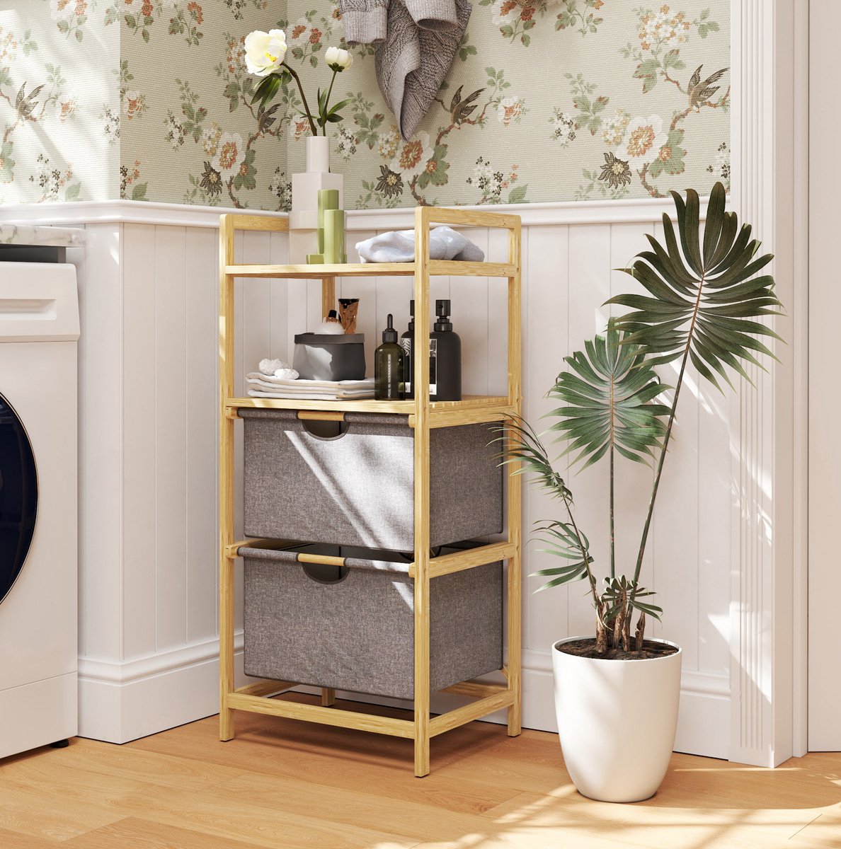 COVREO Wasmand 44x34x96 cm naturel, bamboe met 2 stoffen wasmanden