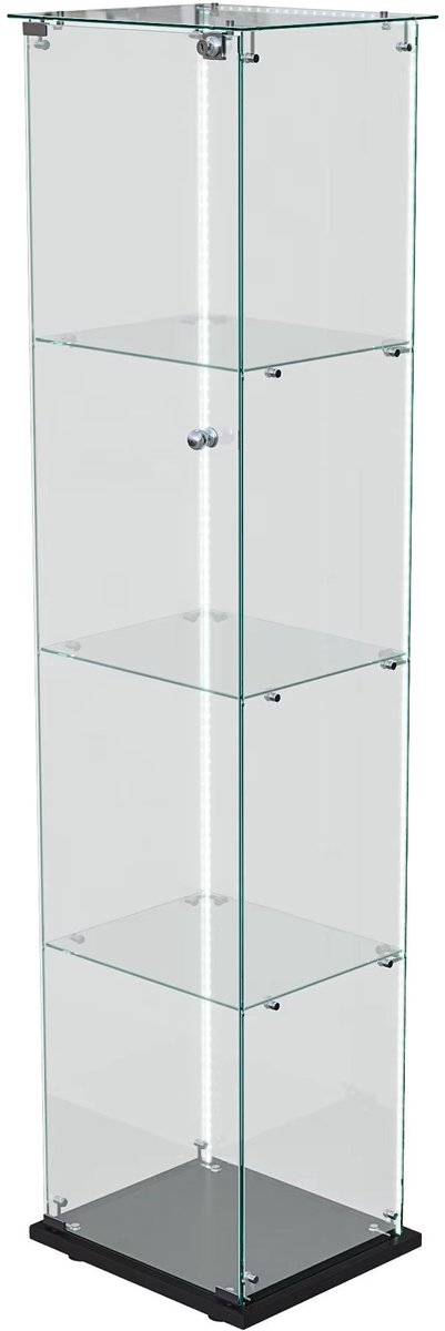 Glazen Vitrinekast 163x40x35cm Zwart – Afsluitbare Displaykast met 1 Deur, LED Verlichting, Slot en 4 Planken