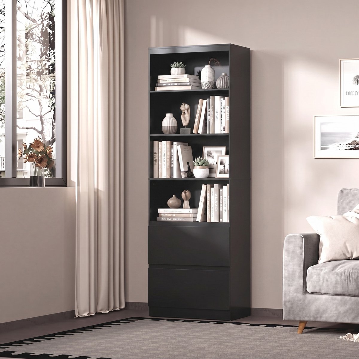 Bealife AP130 Boekenkast – Staand Open Kast met 2 laden – 60×34×180 cm – Zwart