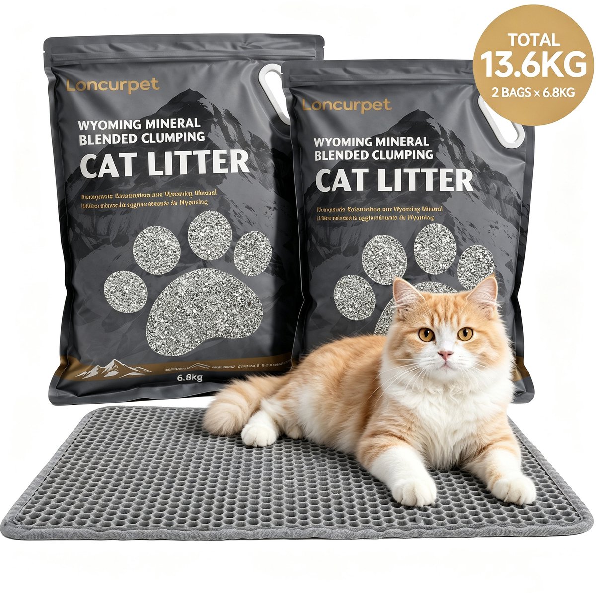 Loncurpet - Kattenbakvulling - Kattengrind Met kattenbakmat - Wyoming Natrium Bentoniet Klei +Cassava - 2 x 6,8kg - Snel klontvormend - 100% Stofvrij - Plakt niet aan pootjes - Effectieve Geurneutralisatie