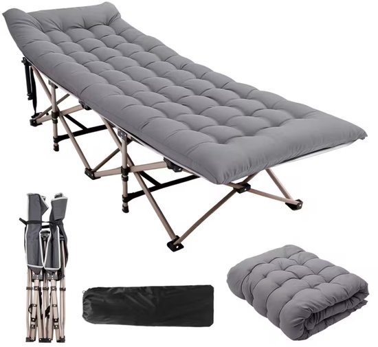 Stretcher pliable gris avec matelas rembourré, lit plié et sac de transport.