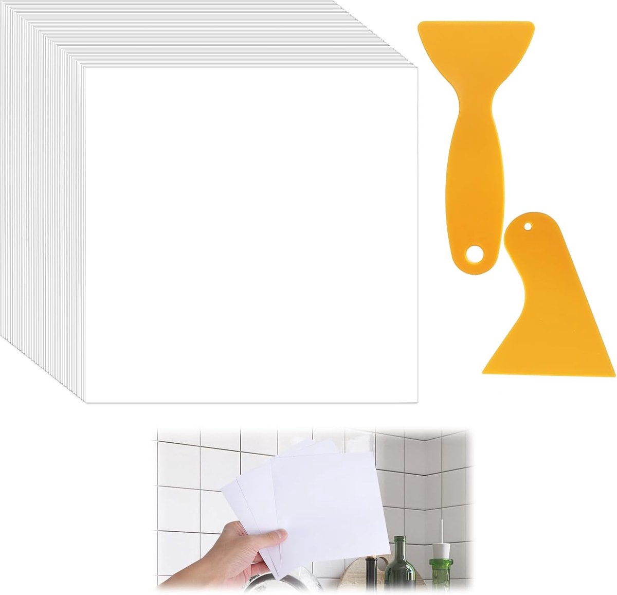 SnelShoppen - 50 Zelfklevende Tegelstickers 15x15 cm Wit PVC - Badkamer en Keuken Tegel Film met 2 Squeegees - Minimalistische Wanddecoratie