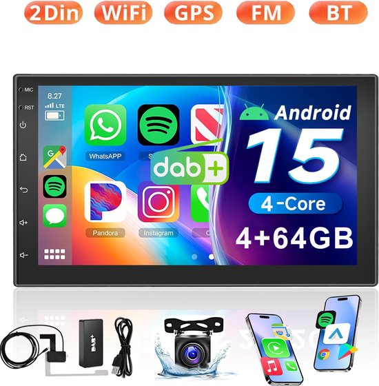 7 inch 2DIN Android 15 autoradio met GPS, DAB+, Apple CarPlay, Android Auto, Bluetooth, achteruitrijcamera, 2+32GB