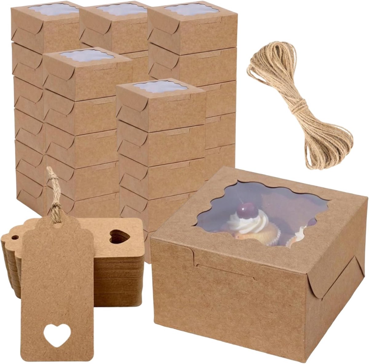 30pcs cookie boxes with viewing window, bakery boxes with paper labels and jute cord, bakery box for cakes, macaron - ShopVlot
