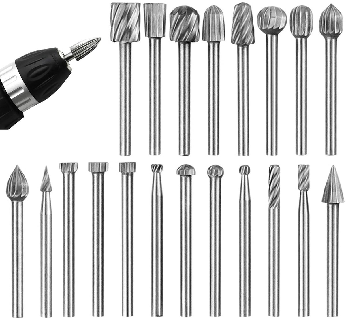 SnelShoppen - 20 stuks metalen frezen van hardmetaal, scherpe snijkant, diverse vormen voor houtbewerking, boor voor hout, stalen frezen voor graveren
