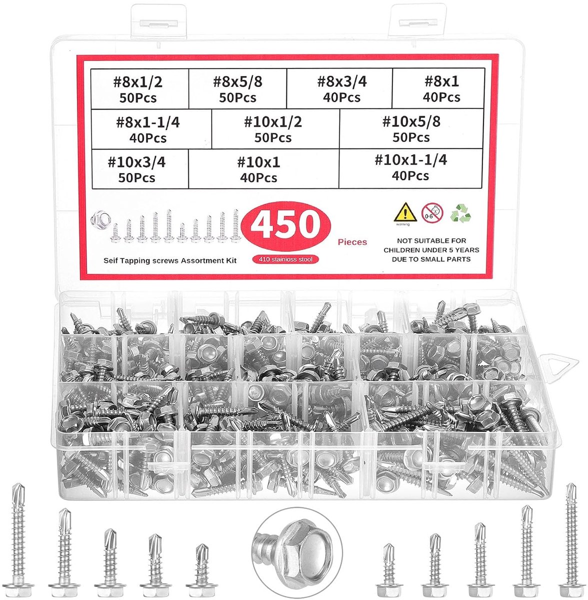 450 Pcs Self Tapping Screws High Strength Self Tapping Screws 410 Stainless Steel for Metal, Plastic and Wood, Length - ShopVlot