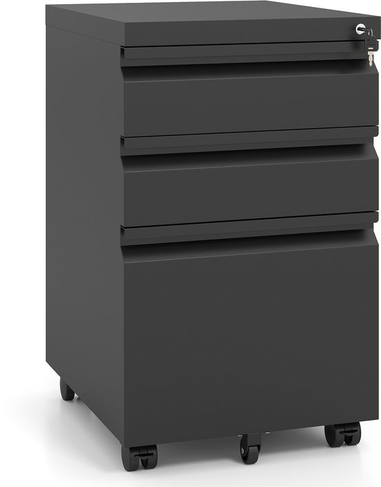 Zwarte metalen rolcontainer met 3 laden en een slot met sleutel, op wieltjes.