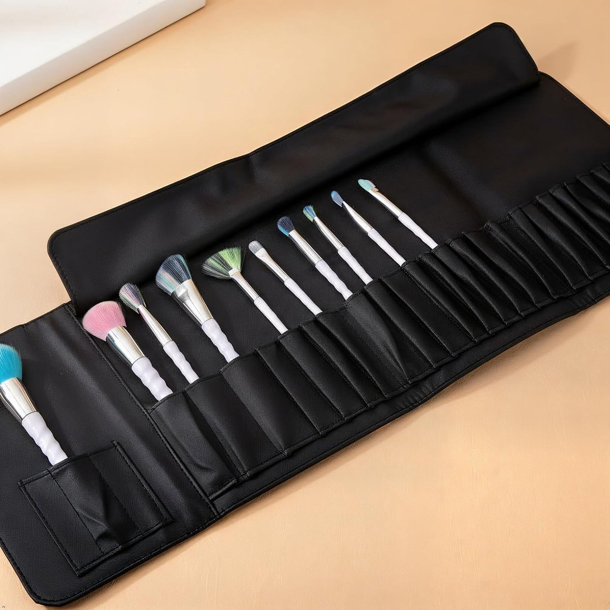 SnelShoppen - Draagbare Make-upborstelcontainer Waterdichte Opbergtas met 26 Gaten voor Cosmetica, Litchi-patroon, Duurzaam Kunstleer voor Professione
