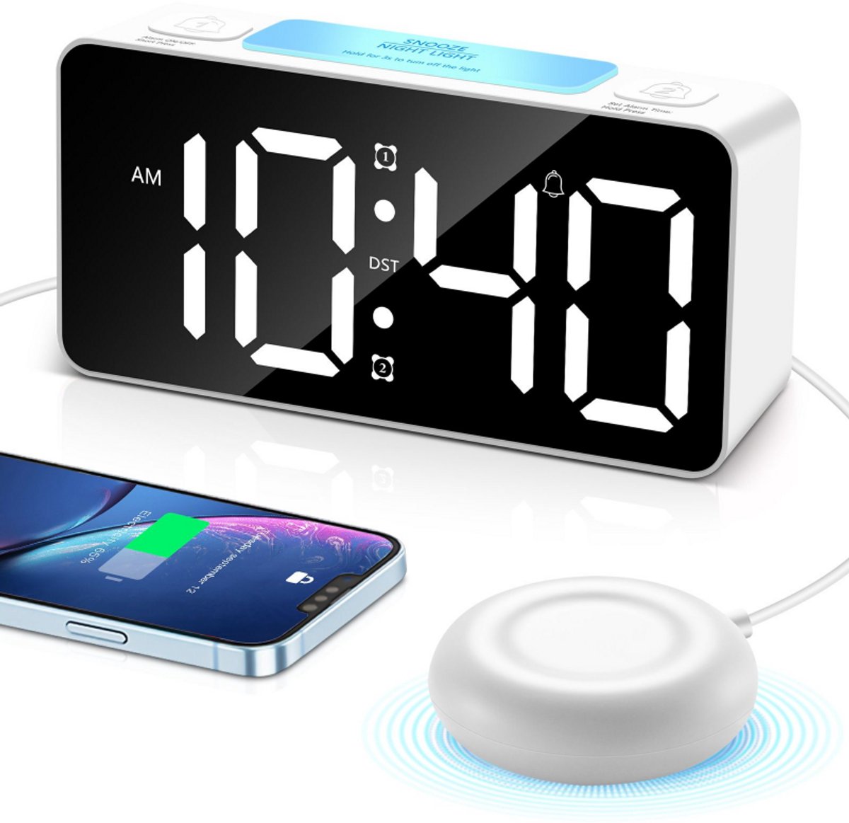 Bobypet - Wekker - Luid Alarm Wekker voor Diepe Slapers - Digitale Klok met 7-Kleurig Nachtlampje - RGB Bureauklok met USB Oplaadpoort - Verstelbaar Volume tot 105 dB - Slaapkamer Klok voor Kinderen, Tieners en Volwassenen - wit
