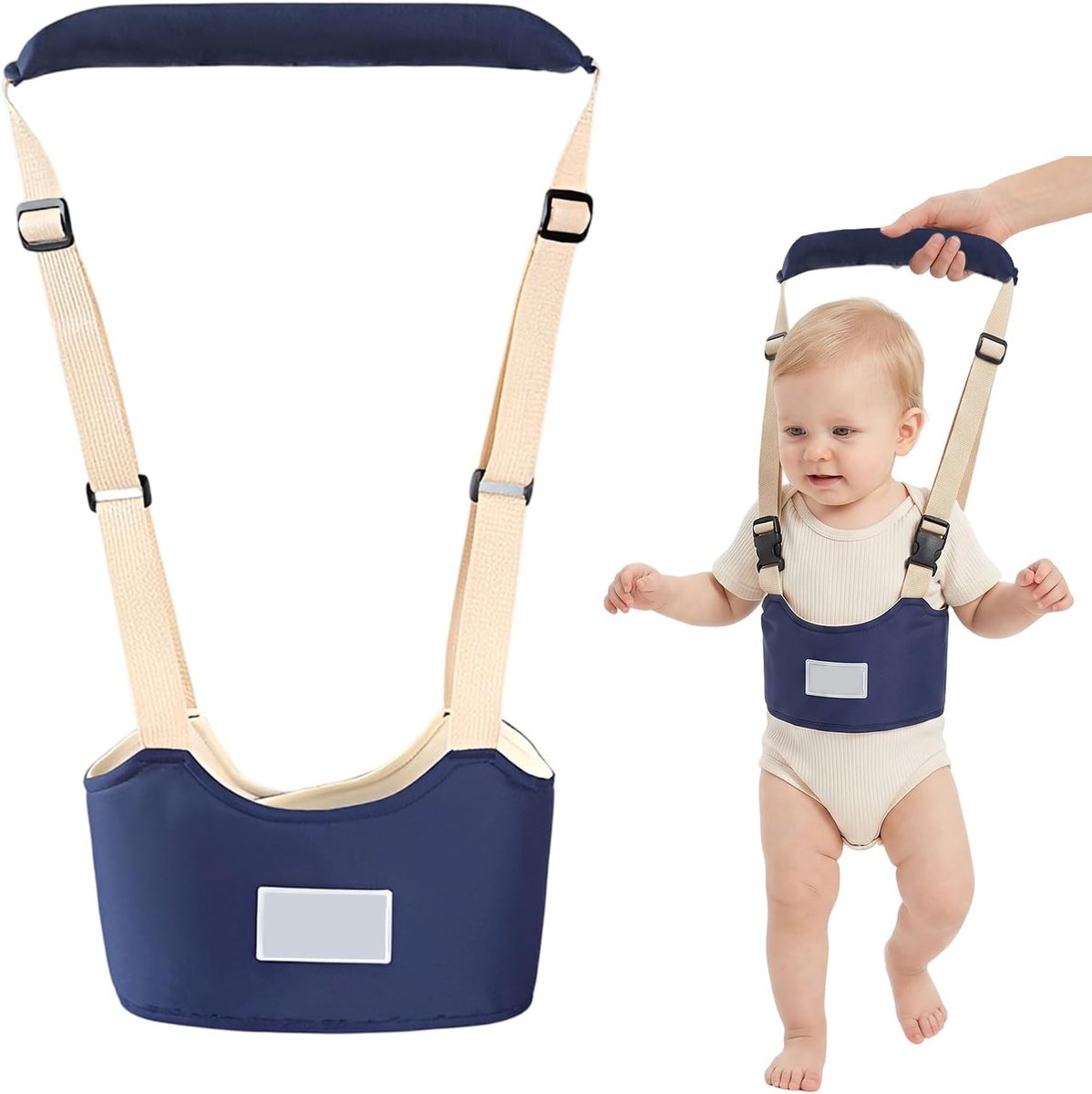 anti-verlies baby loopharnas donkerblauw crème, verstelbaar borststeunharnas voor baby loopoefening, huidvriendelijk ademend veiligheidsharnas voor binnen en buiten, multifunctioneel antiverlies harnas voor peuters