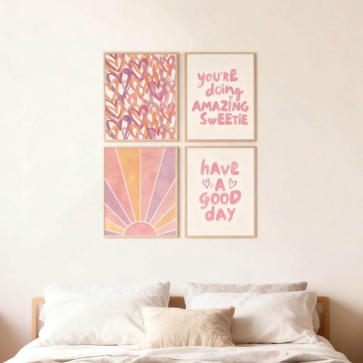 SnelShoppen - Set van 4 Aesthetische Roze Wanddecoraties & Kunstprints Pastel Motieven (Hartjes, Zonne-stralen) voor Woonkamer en Slaapkamer Decoratie