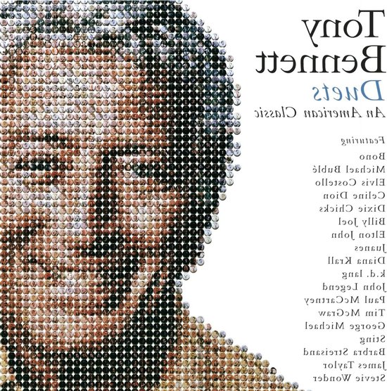 Portret van Tony Bennett gevormd door honderden kleine ronde foto's, met de tekst Duets An American Classic.