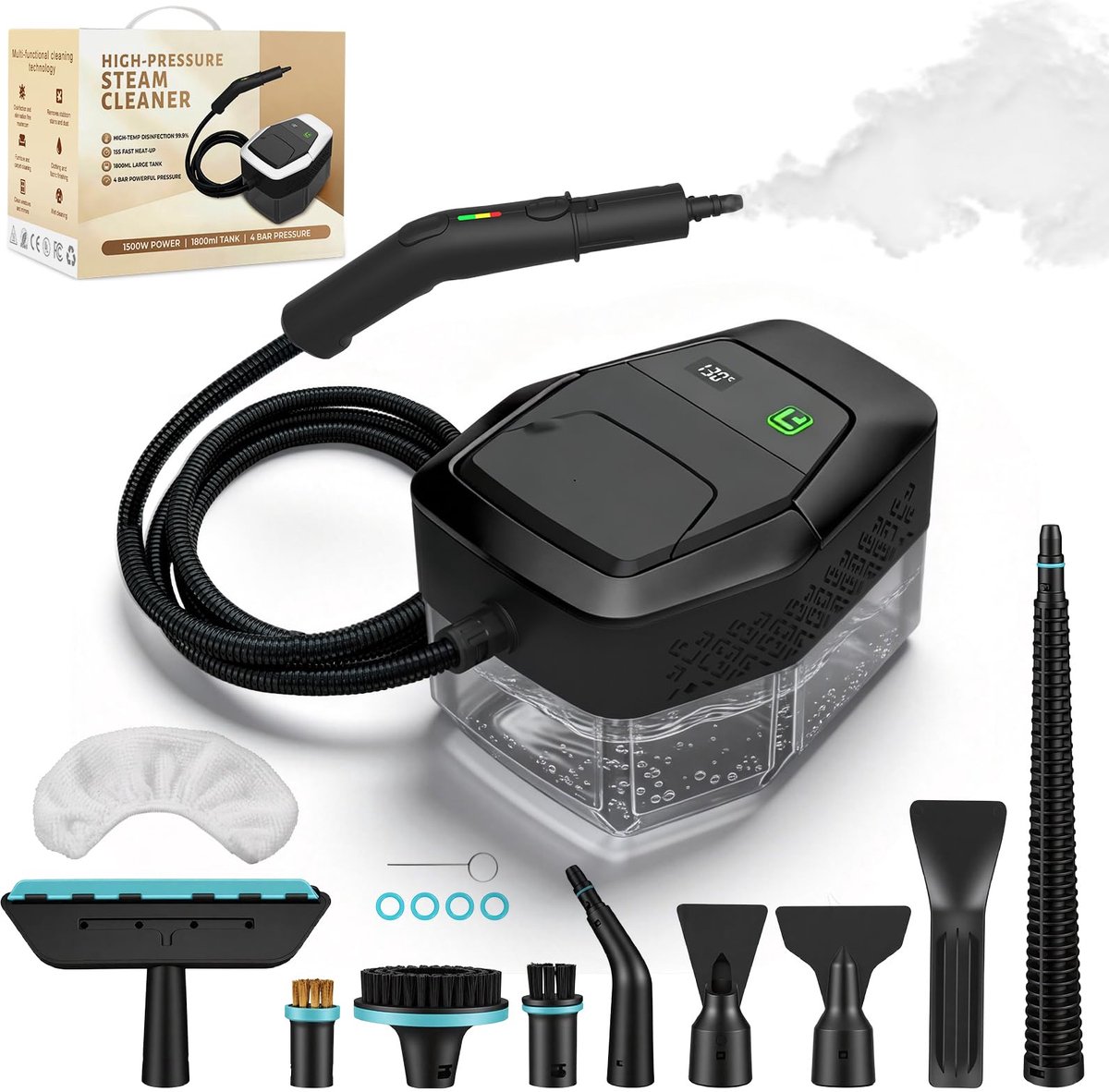 SnelShoppen - Draagbare Stoomreiniger 1500W, Handstoomreiniger Zwart, Snel Opwarmend in 15 Seconden, 1,8L Watertank met 12 Accessoires voor Auto en Hu