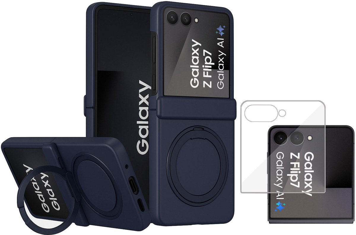 Hoesje met Ringhouder + Screenprotector geschikt voor Samsung Galaxy Z Flip 8 – Geschikt voor MagSafe – Draaibare Kickstand – Draadloos Opladen – Blauw