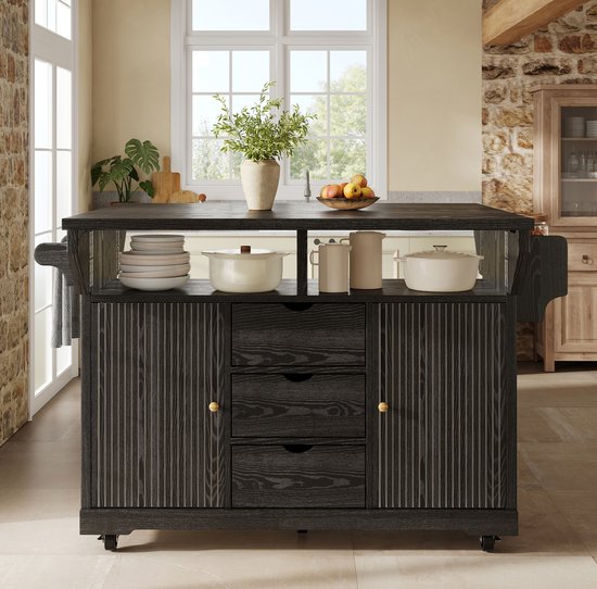 FloraGrace Keukenwagen - Uitklapbare Zijbladen En 3 Lades - Mobiele Keukenoplossing Voor Keuken En Eetkamer - MDF En Metaal - Zwart - 142,5 Cm — afbeelding 3