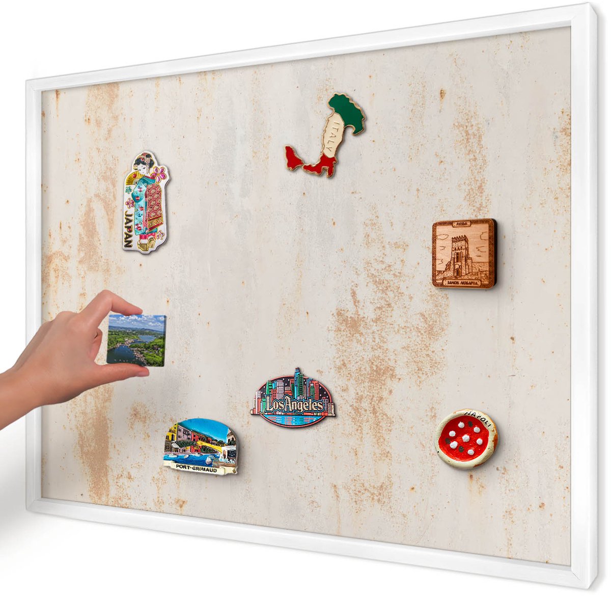 Artprintcave Beige Magneetbord mit Witte Lijst - 70x50 cm - Roestige Textuur Magnetisch Bord Voor Magneten - Industrieel/Loft Memobord Keuken - Texturen