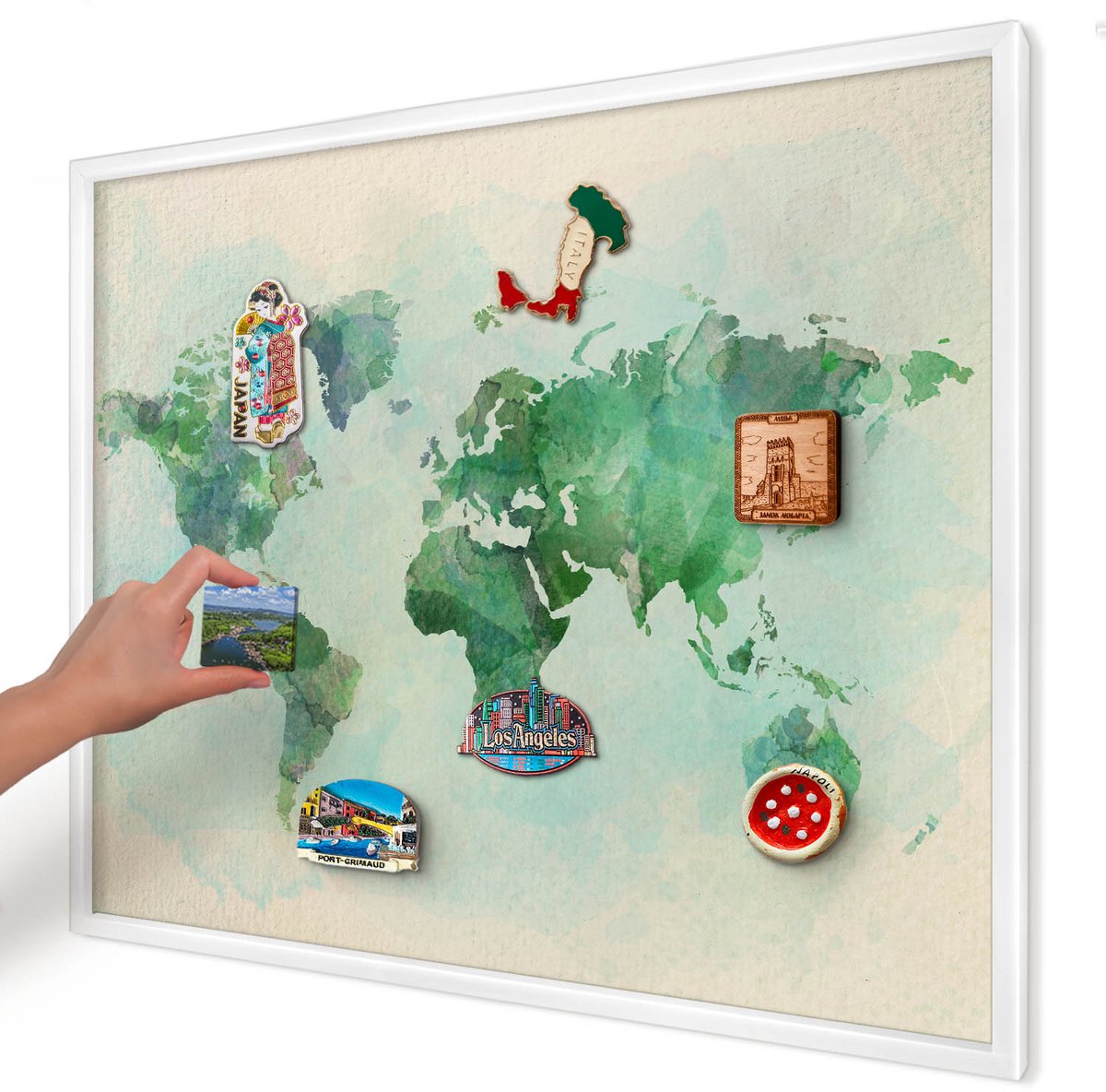 Artprintcave Groente Magneetbord mit Witte Lijst - 80x60 cm - Wereldkaart Magnetische Organizer - Waterverf Wandbord Magnetisch - Kaarten