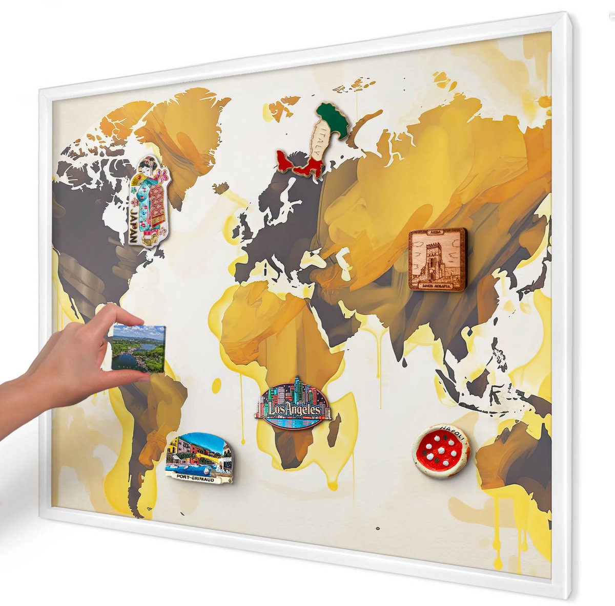 Artprintcave Geel Magneetbord mit Witte Lijst - 80x60 cm - Wereldkaart Magneetbord Voor Keuken - Abstract Wandbord Magnetisch - Kaarten