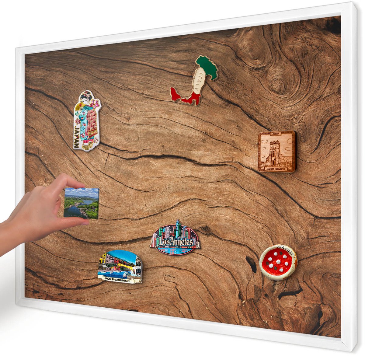Artprintcave Bruin Magneetbord mit Witte Lijst - 70x50 cm - Houtnerf Notitiebord - Rustiek Magneet Bord mit Frame - Texturen