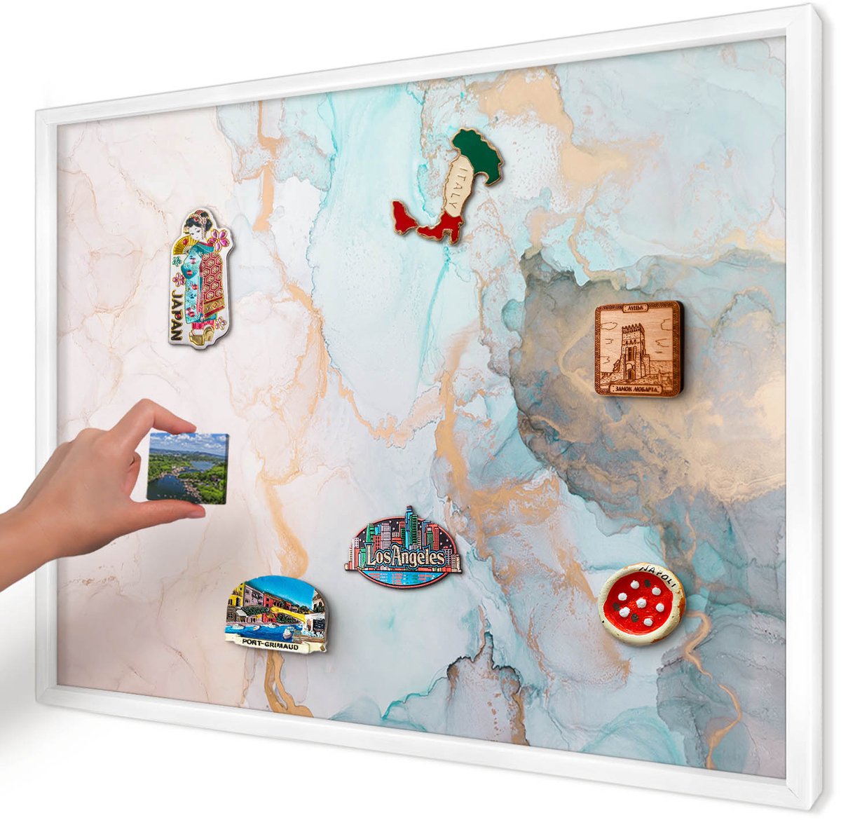 Artprintcave Beige Magneetbord mit Witte Lijst - 70x50 cm - Pastelvormen Memobord Keuken - Abstract Notitiebord - Abstractie