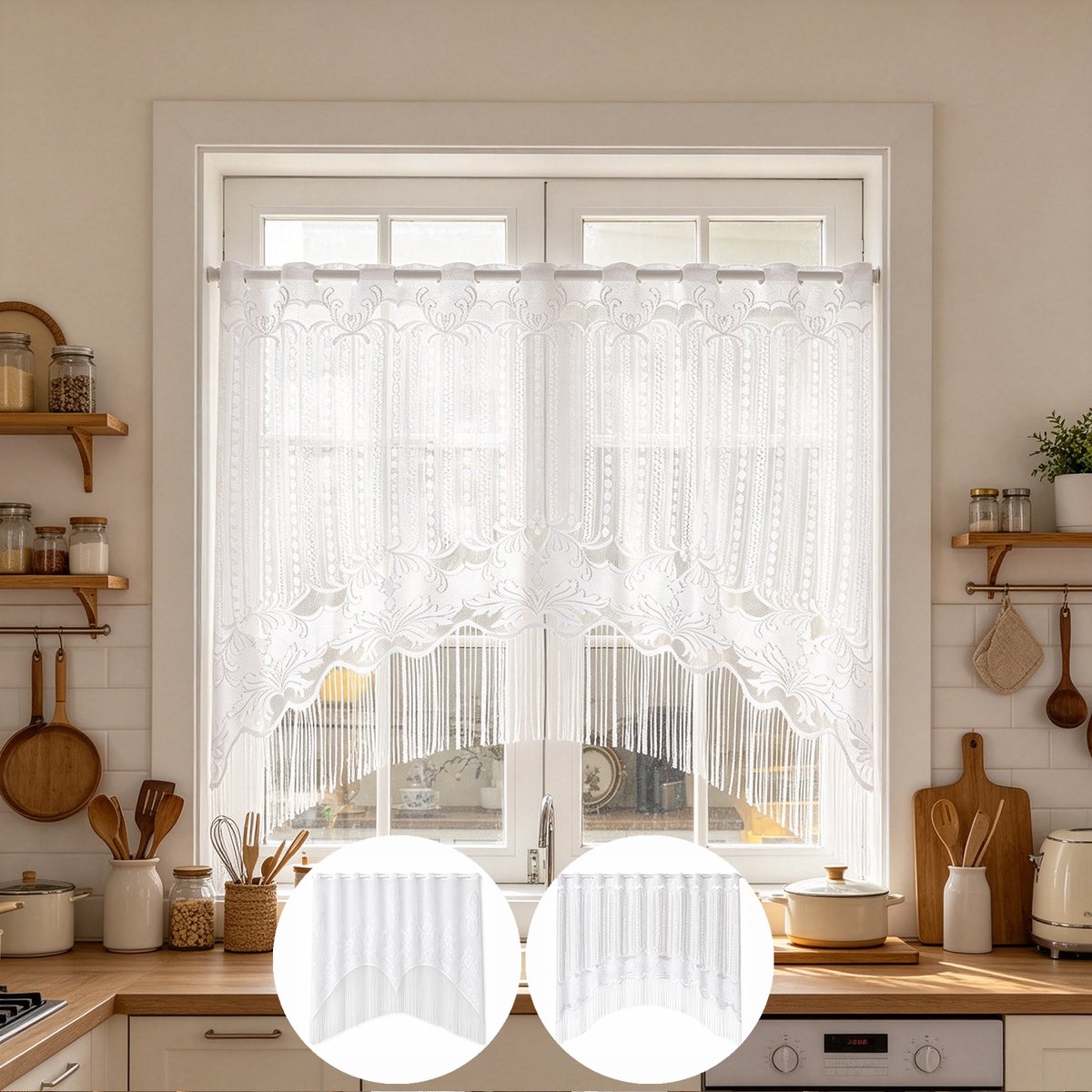 Qelus Vitragegordijn met Bloemen en Kwastjes - Europese Gebogen Rand - 150 x 120 cm - Wit