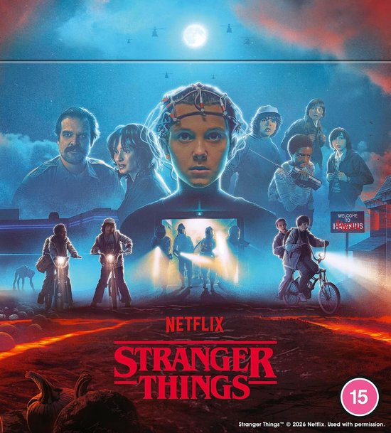 La distribution de Stranger Things, avec Eleven au premier plan, sur fond de Hawkins et de l'Upside Down.