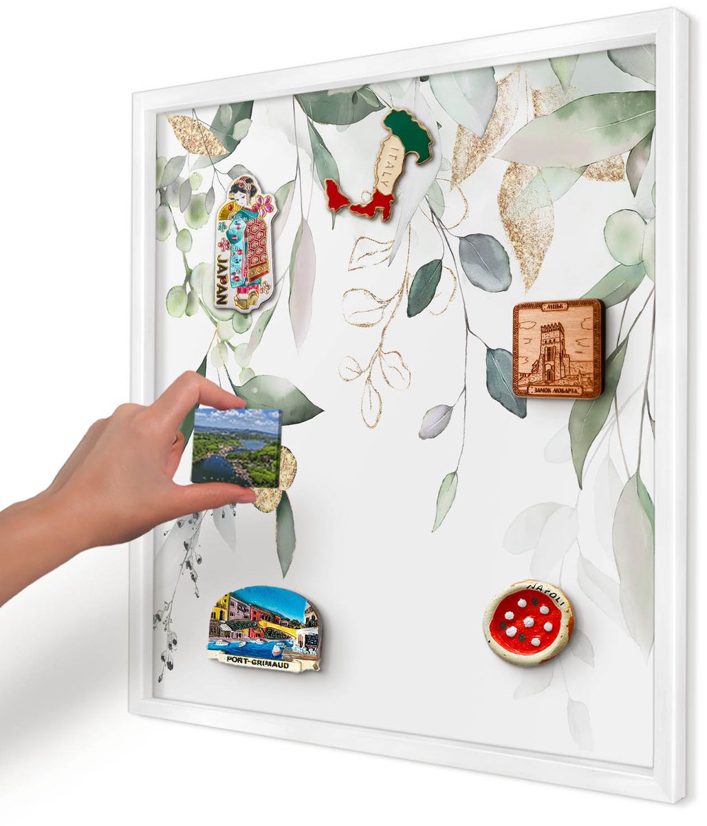 Artprintcave Groente Magneetbord mit Witte Lijst - 50x50 cm - Groene Bladeren Wandbord Magnetisch - Waterverf Memobord Keuken - Bloemen En Planten