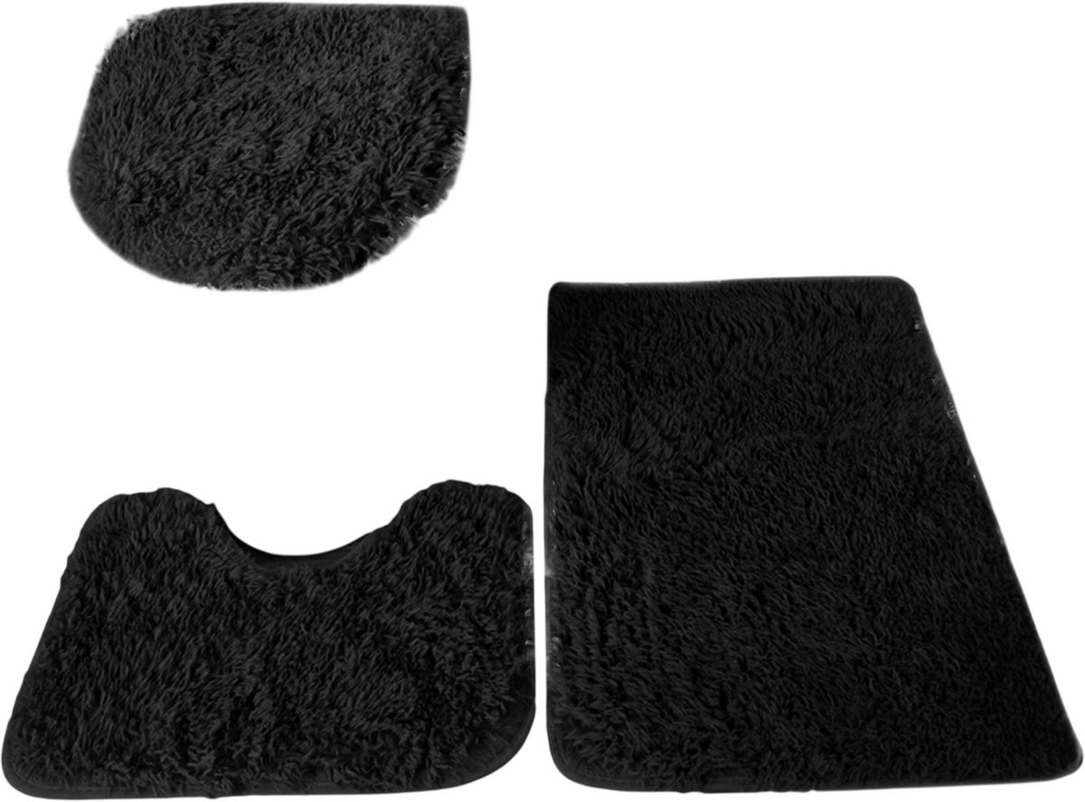 3 Delige Badkamer Mat Set – Antislip Badmatten met Toiletmat, WC Deksel Hoes, Zachte Pluizige Badkamerkleed en Badkamer Tapijt - Zwart