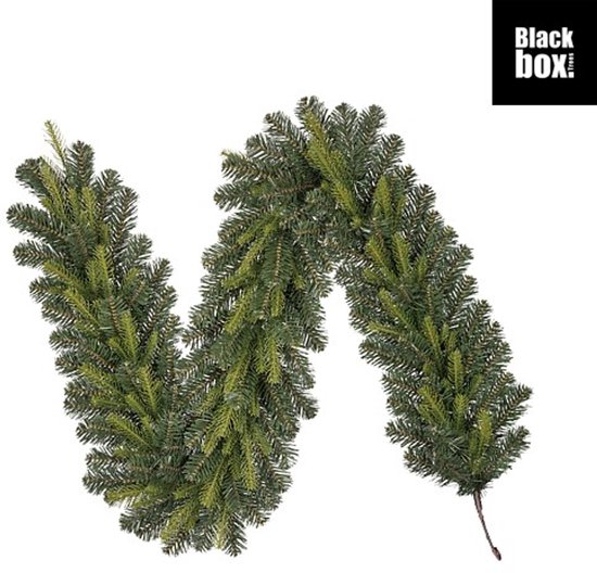Een groene kerstguirlande van dennentakken met een witte achtergrond en een Black Box logo.