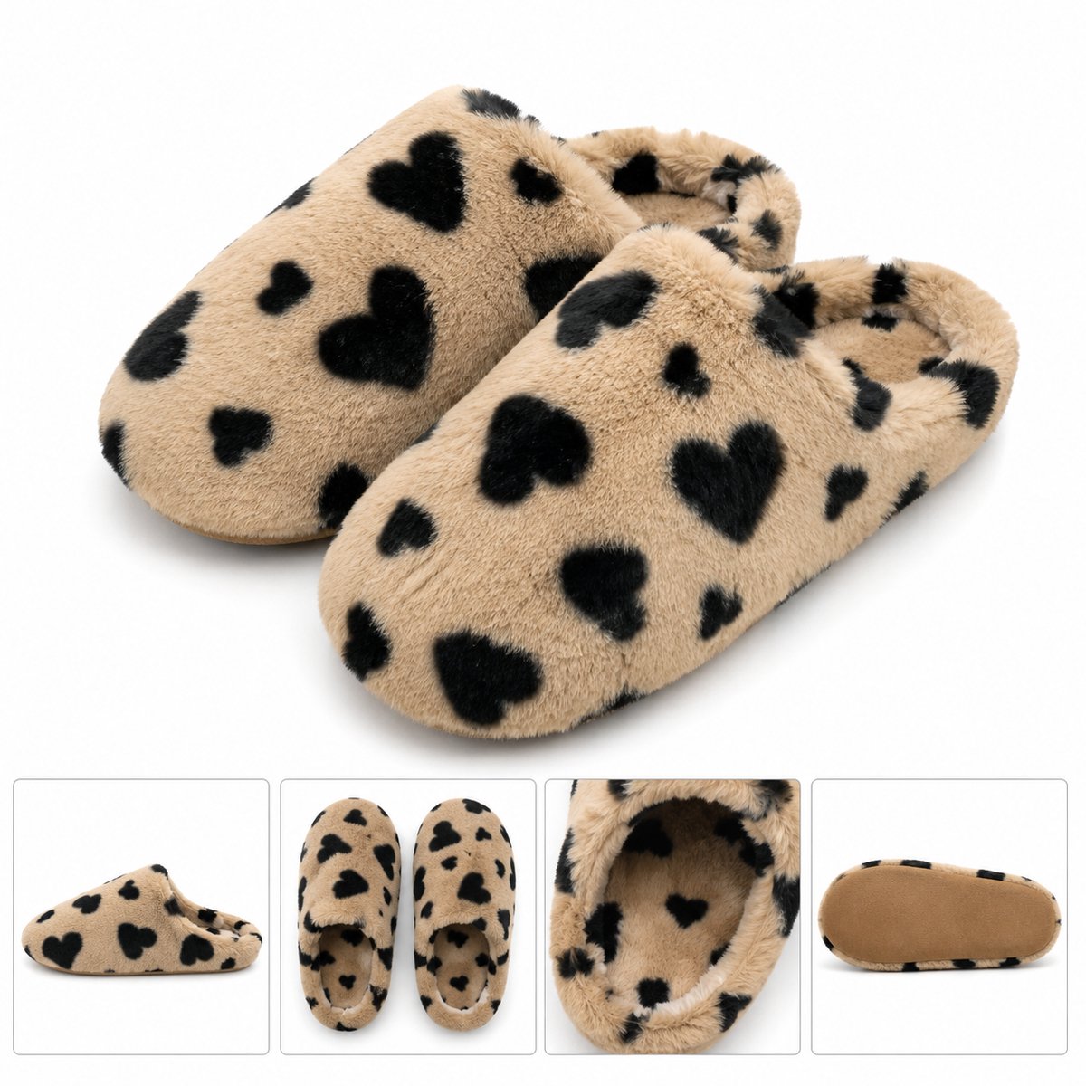 Puresolve Dames Pantoffels met Hartjes – Warme Zachte Huissloffen – Pluche Sloffen voor Dames -Maat 42/43 - beige -