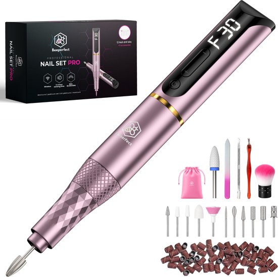 Roze draadloze elektrische nagelfrees met digitaal display 'F30', inclusief 11 bitjes, 60 schuurrolletjes, roze etui en accessoires.