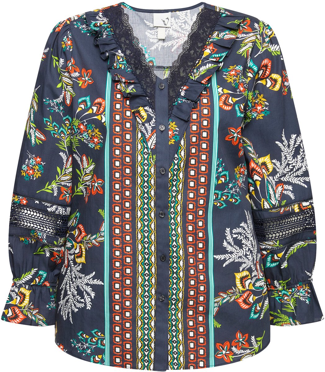 Ulla Popken - Dames - Blouse kant volants V-hals lange mouwen - Marine - Maat 42+
