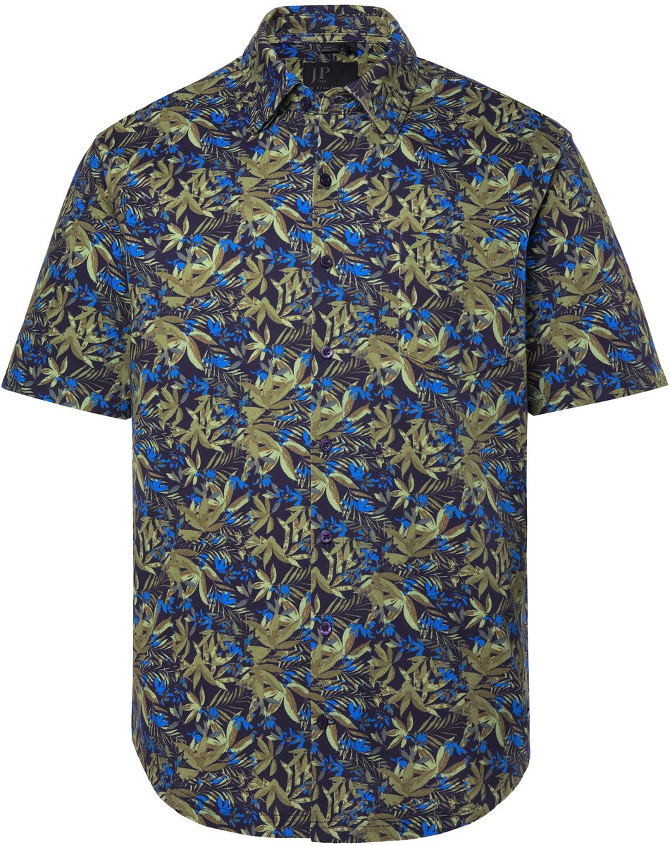 JP 1880 - Heren - Piqué overhemd FLEXNAMIC® korte mouwen all-over print tot 8XL - Navy blauw - Maat L