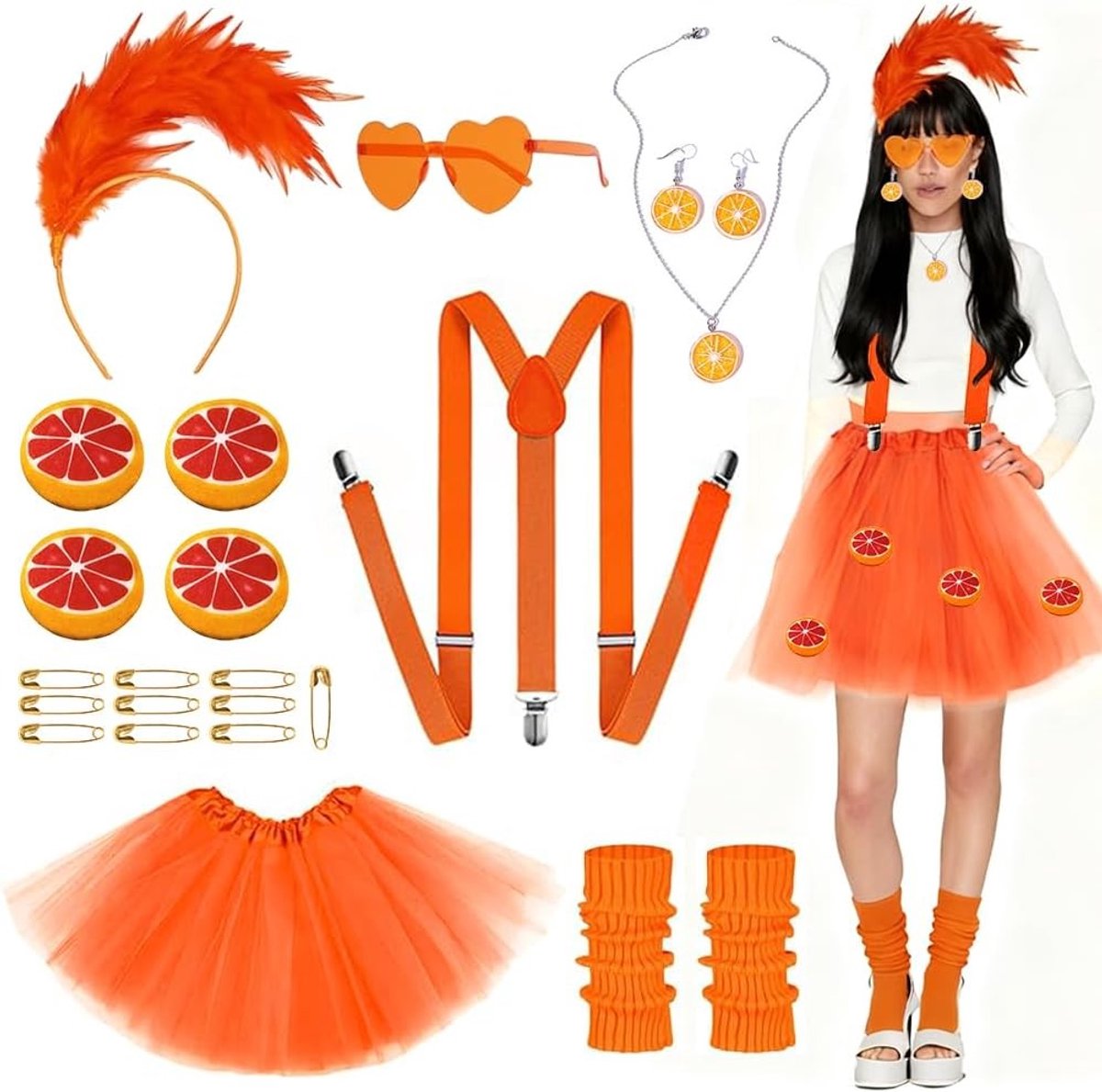 Carnaval Kostuum voor Dames met Tulle Rok, Oranje Accessoires en Sokken voor Feestelijke Gelegenheden