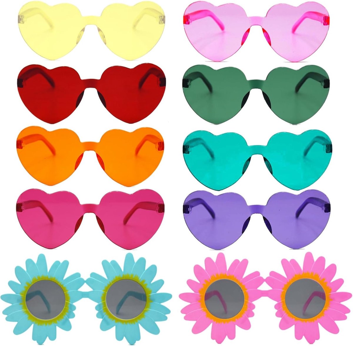 Kleurige hartvormige zonnebrillen, rimless party glasses, hippie zonnebrillen voor bruiloften, carnaval en fotoshoots