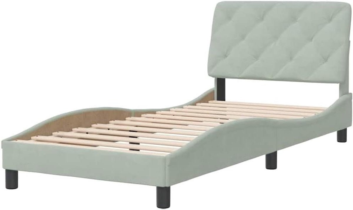 Bedframe met Hoofdbord - Eenpersoonsbed Omouw - Goede Nachtrust - Zacht Fluweel - 90x200 cm - Lichtgrijs