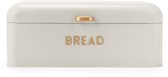 Crème broodtrommel met goudkleurig handvat en 'BREAD' opdruk.