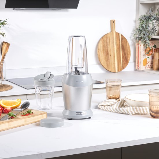 Salter Aspen NutriPro-blender - compacte persoonlijke blender, mini-smoothiemaker, blenderkan van 1 liter met opbergdeksel, drinkbeker van 800 ml, afneembaar mes met 6 vleugels, BPA-vrij, 1000 W, zilver van Salter — afbeelding 2