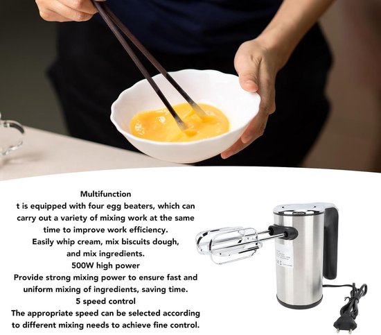 Elektrische Handmixer - Keukenmixer Slagroommaker - Ingrediënten Mengen - 500W Krachtige Motor - 20D x 17B x 9H cm - Zilver — afbeelding 5