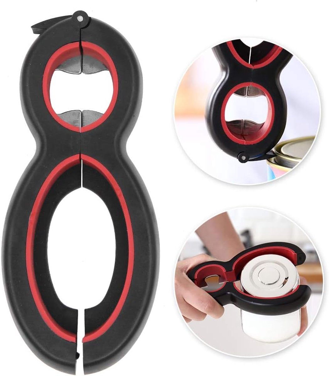 SnelShoppen - RVS Multifunctionele 6 in 1 Flessenopener voor Flessen, Blikken, Potten en Tassen - Handige Keukenhulp voor Feest, Camping, Thuis en Tui