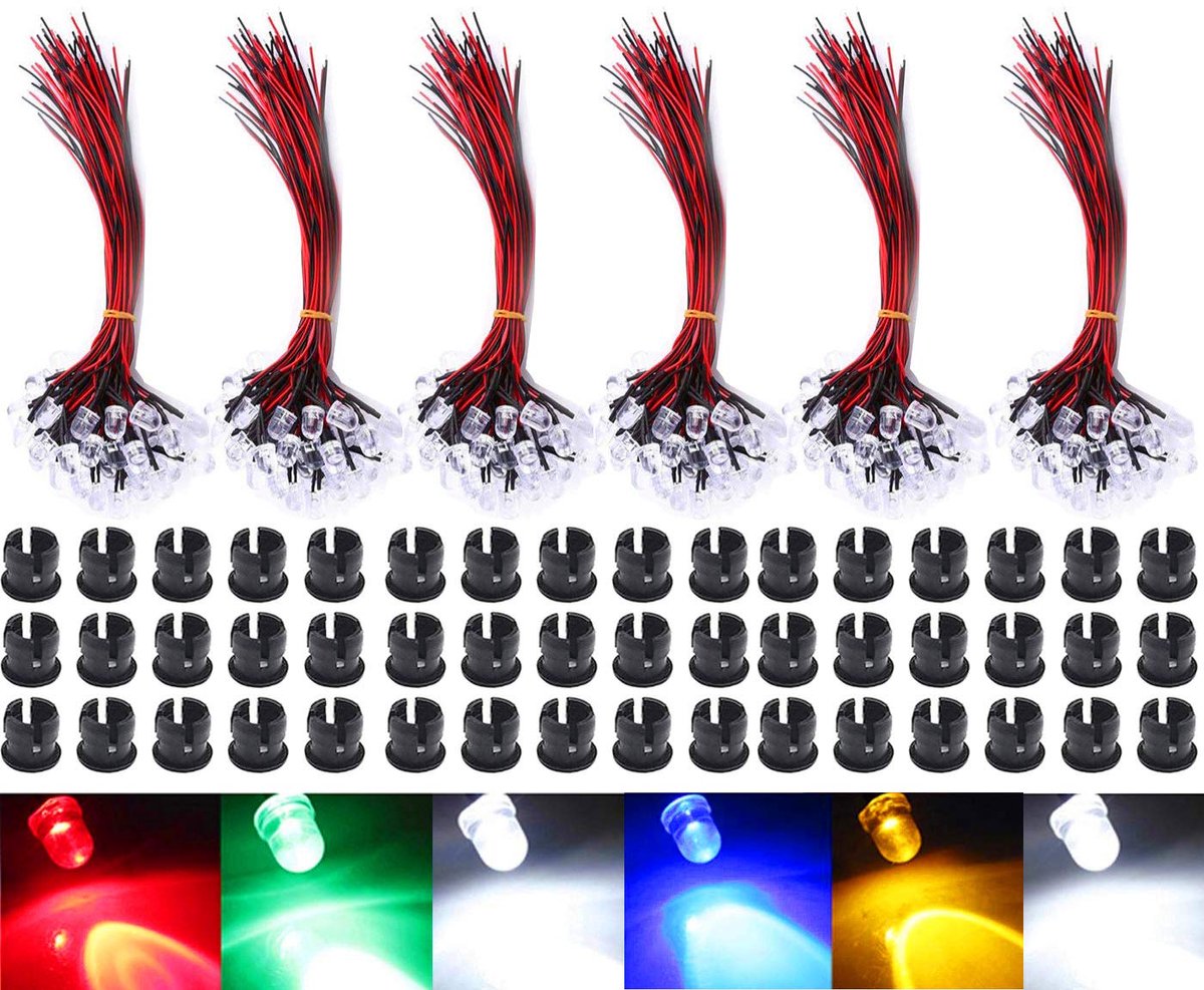 SnelShoppen - 60pcs 5mm Voorbedrade LED Diodes Ultra Helder (10PCS X 6 Kleuren) + 60 Stuks 5mm Plastic LED Houder voor Feestverlichting en Speelgoed