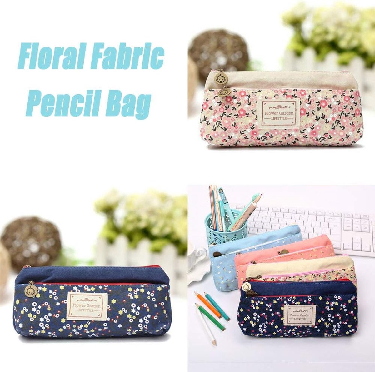 SnelShoppen - Pencilcase 2 Compartimenten Vintage Canvas Pastoraal Stijl Bloemenpatroon Pennenhouder Cosmetica Etui Blauw/Wit Compact en Duurzaam