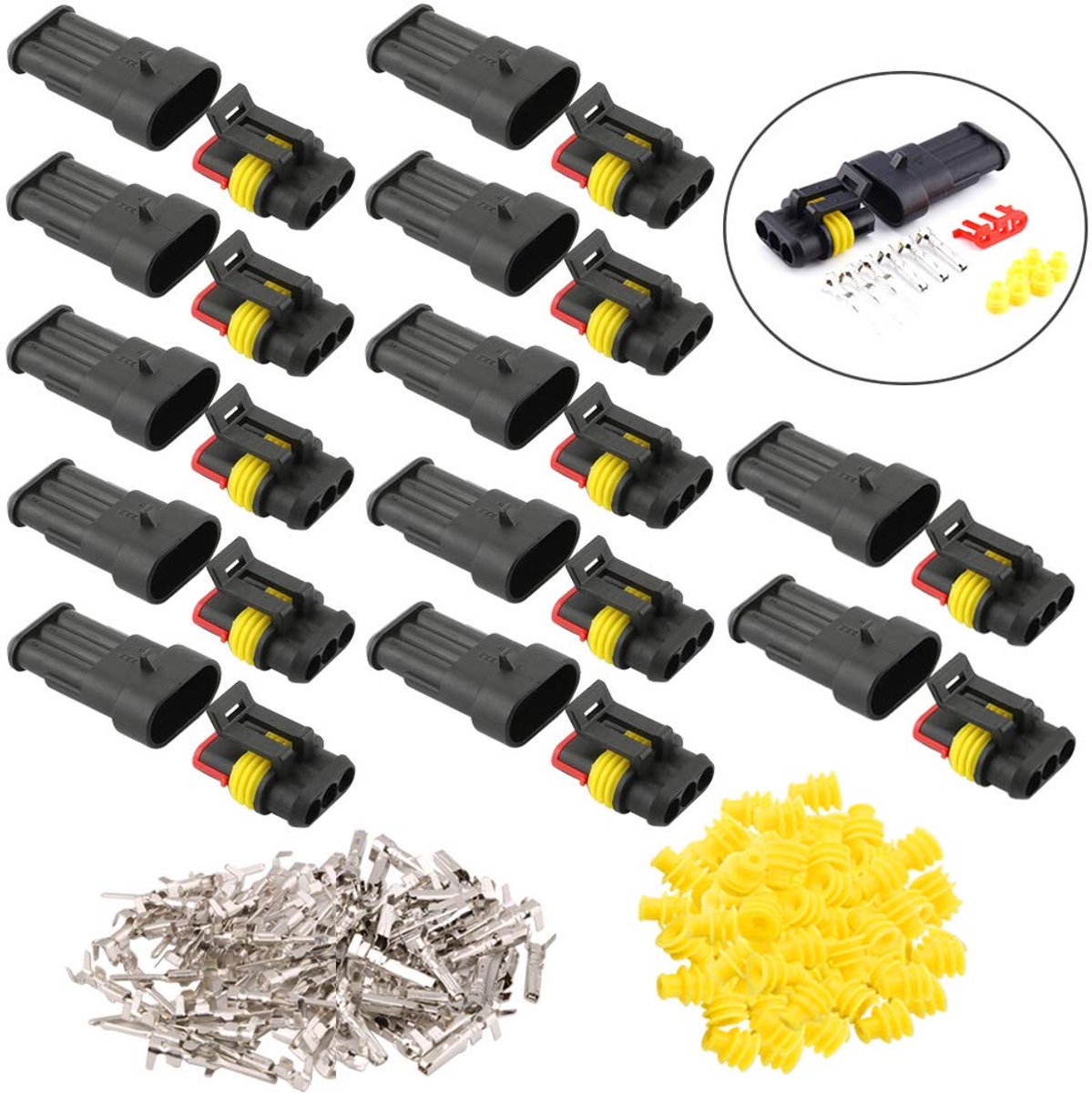 SnelShoppen - 12 Set 3-Pins Waterdichte Auto Elektrische Connectoren, Afdichtbare Stekker Socket Kit voor Auto Truck Boot, IP65 Water- en Stofdicht