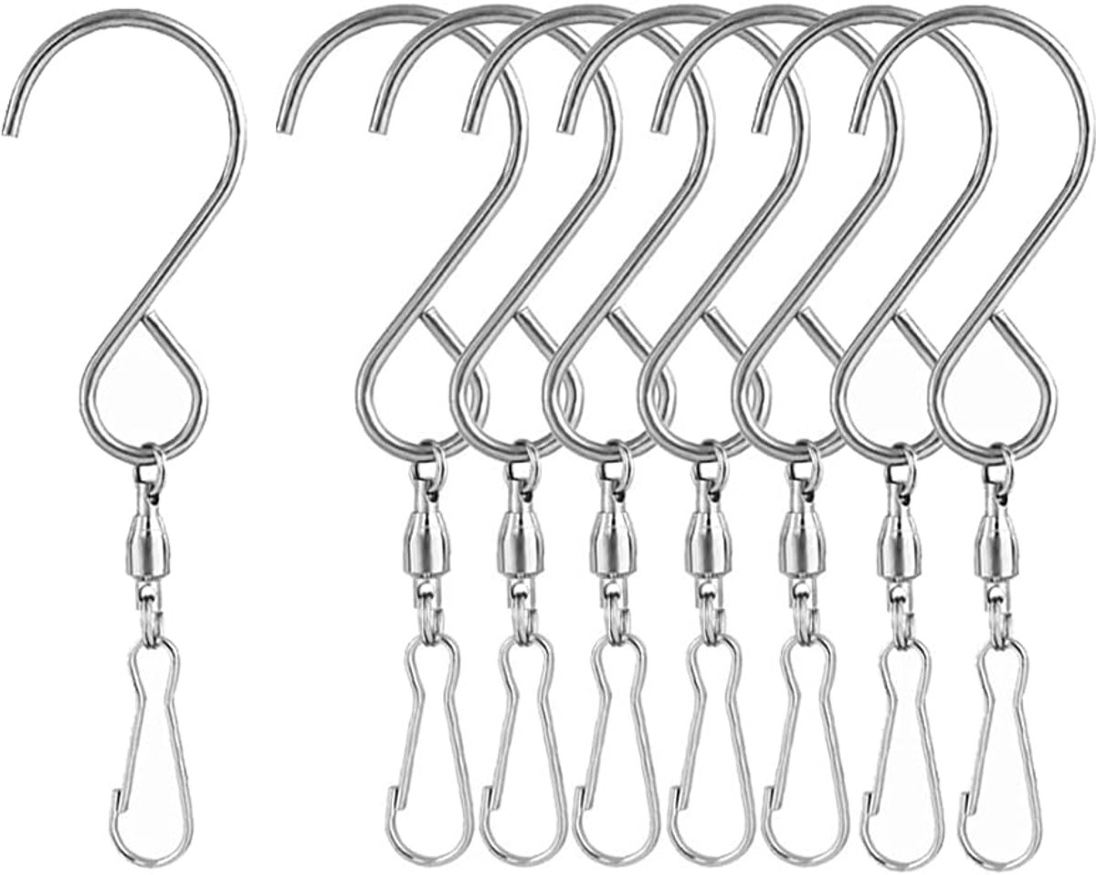 SnelShoppen - 8-delige Zwivel Haak Clip, Rotatieve Windbestendige S Haak Clip voor het Ophangen van Windspellen, Bloembakken, Vogelkooien en Feestbeno