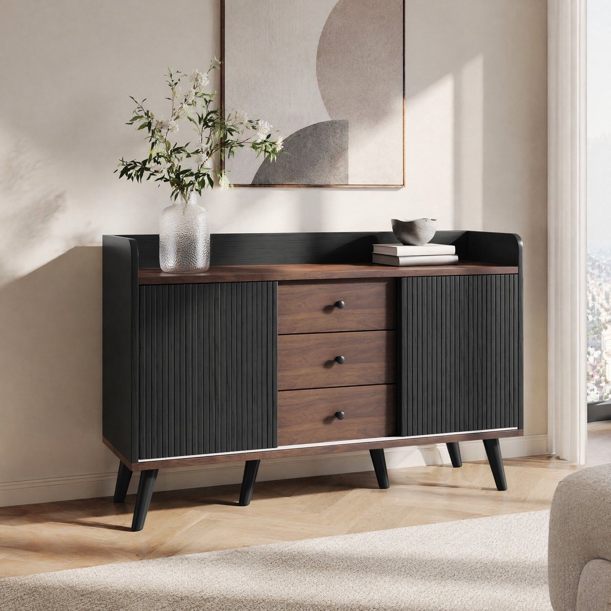 COVREO Dressoir 117,5x40x80 cm zwart en houtkleur, 3 lades schuifdeuren
