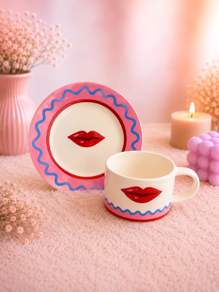Kiss & Coffee Set | Viva Femme | Koffie-/theemok met gebaksbord | Servies | Kop en schotel | Decoratie | Cadeau | Wonen | Vrolijk | Zomer | Koffie | Thee | Moederdag