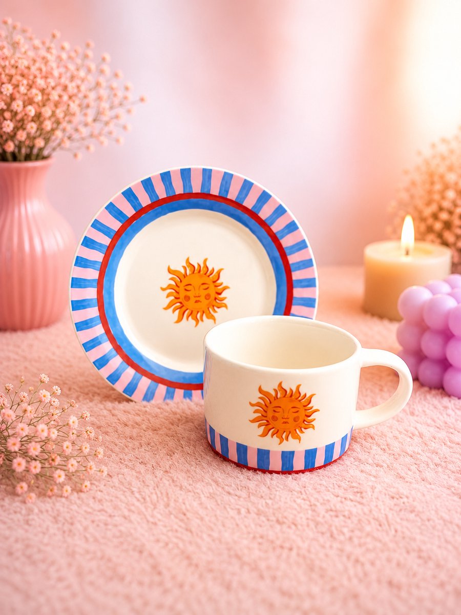 Sunrise Sips Set | Viva Femme | Koffie-/theemok met gebaksbord | Servies | Kop en schotel | Decoratie | Cadeau | Wonen | Vrolijk | Zomer | Koffie | Thee | Moederdag