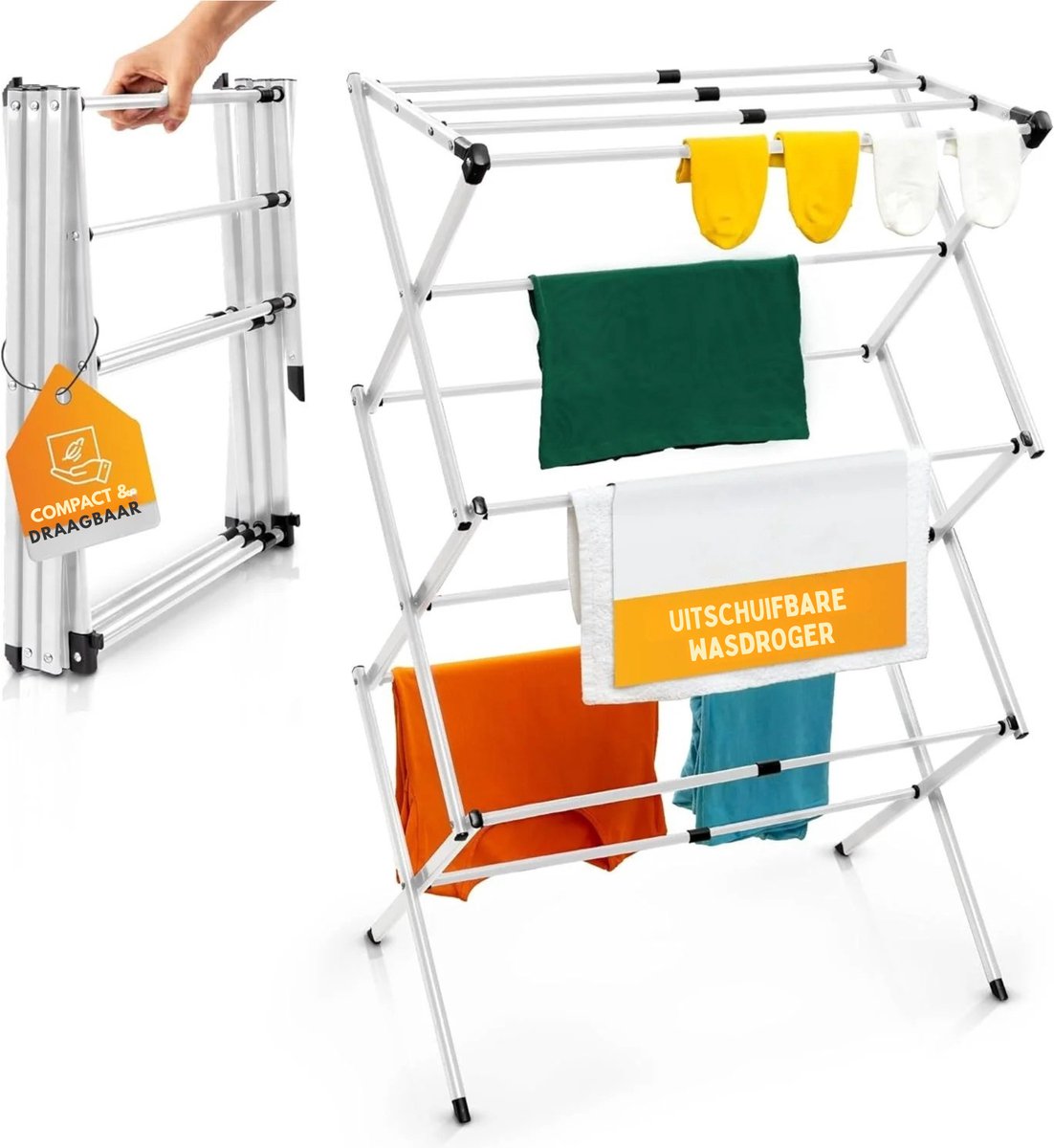 Damenzo - Wasrek - Droogrek - Wasrek inklapbaar - Wasrek staand - Droogtoren - Wastoren - 3 Niveaus - 43x38x106 cm - Wit